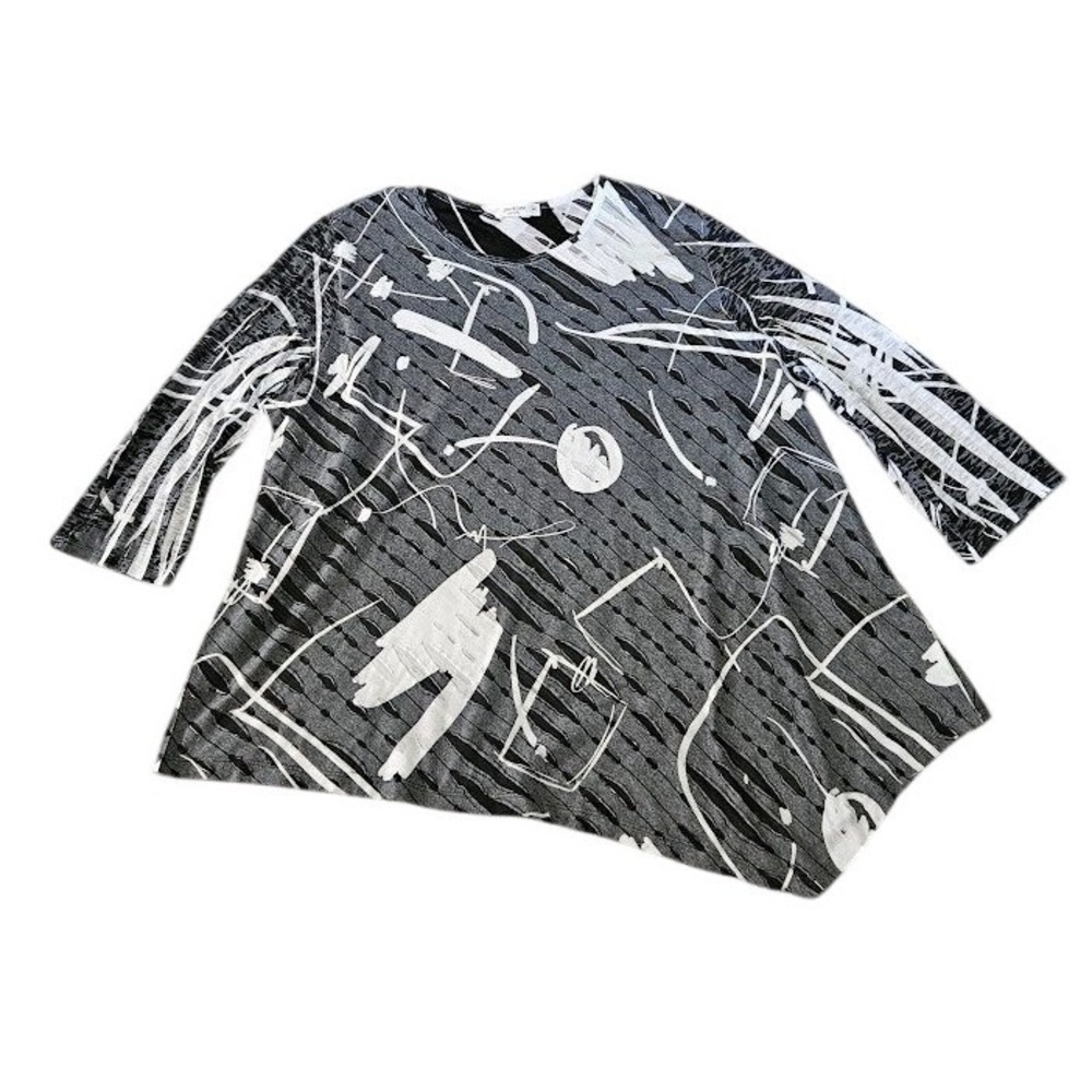 Jess & Jane Tunic Asymmetric Tunic Top Women 3X Gray White Abstract Artsy Boho